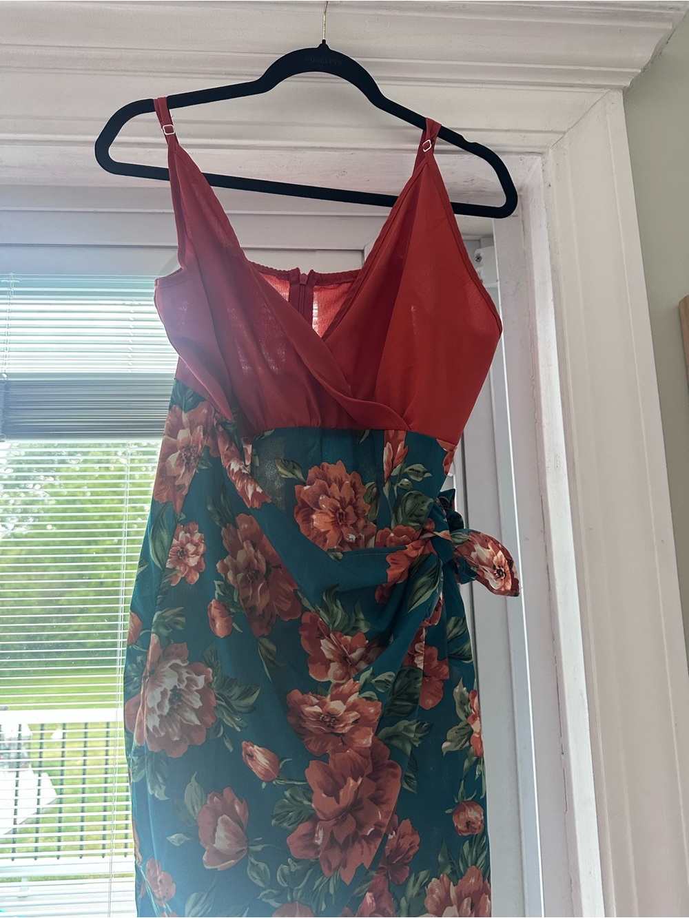 Floral Wrap Dress with Rust Red Bodice
